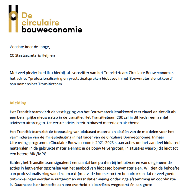Advies biobased in Bouwmaterialenakkoord