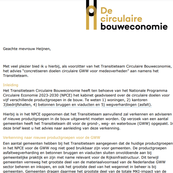 Advies “concretiseren doelen circulaire GWW voor medeoverheden”